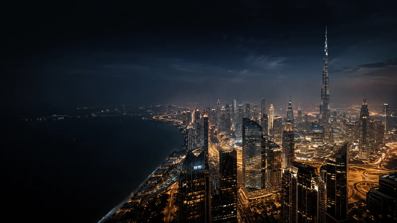 Dubai skyline glowing after dark